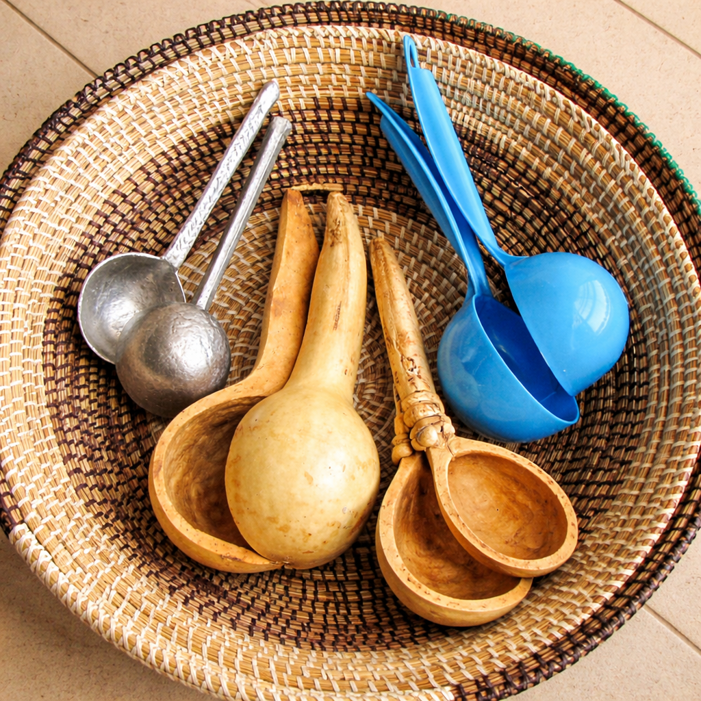 assorted ladles in woven basket