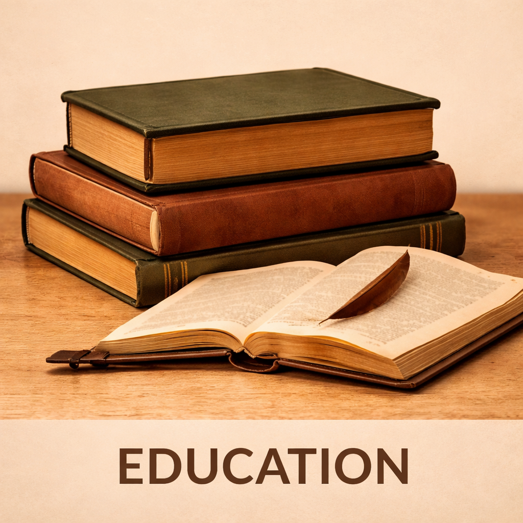 books and quill on wooden surface