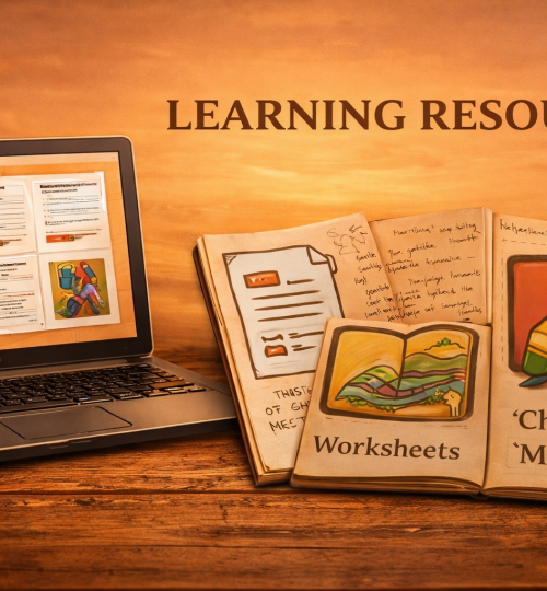 learning resources on a wooden surface